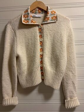 Zara Floral Embroidered Chunky Knit Cardigan Cottagecore M